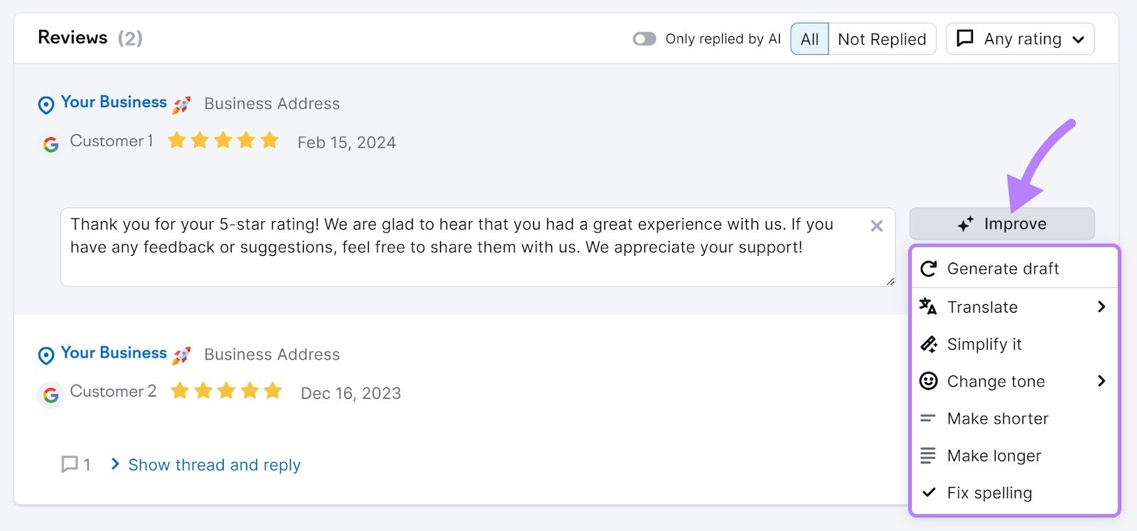 Reviews section of the "Review Management" tool highlighting the "Improve" button menu options.