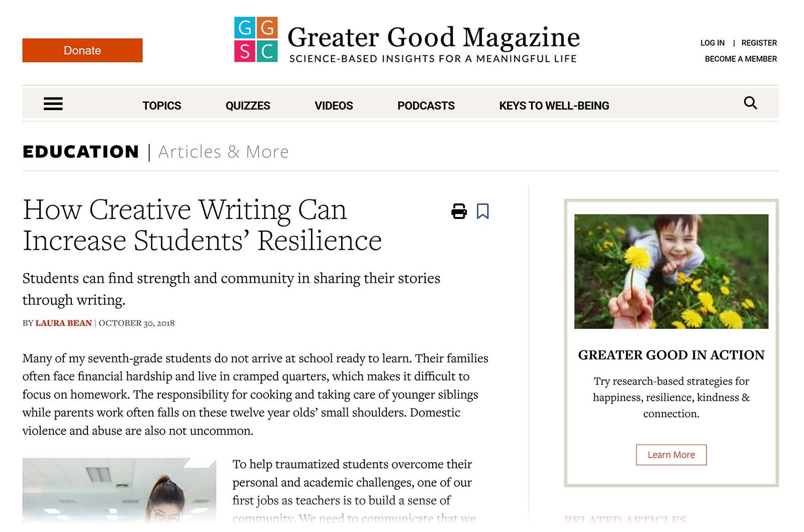 Greater Good Magazine’s article “How Creative Writing Can Increase Students’ Resilience”