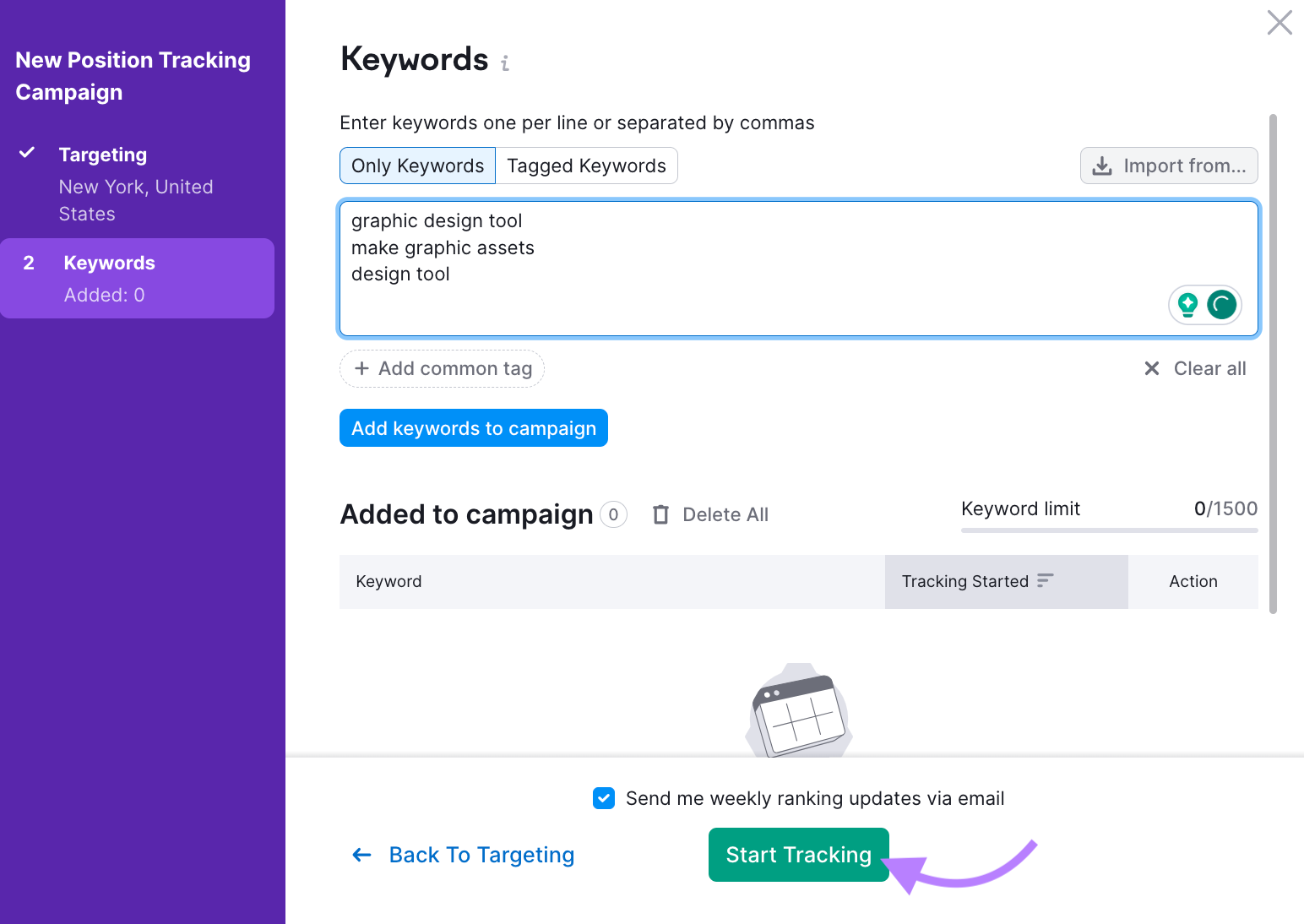 "Keywords" window in Position Tracking tool settings