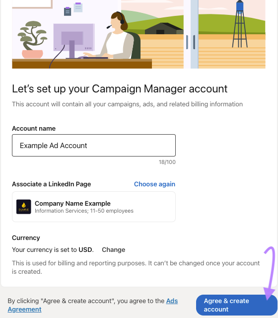 Campaign Manager account set up in LinkedIn with company page linked and 'agree and create account' button highlighted