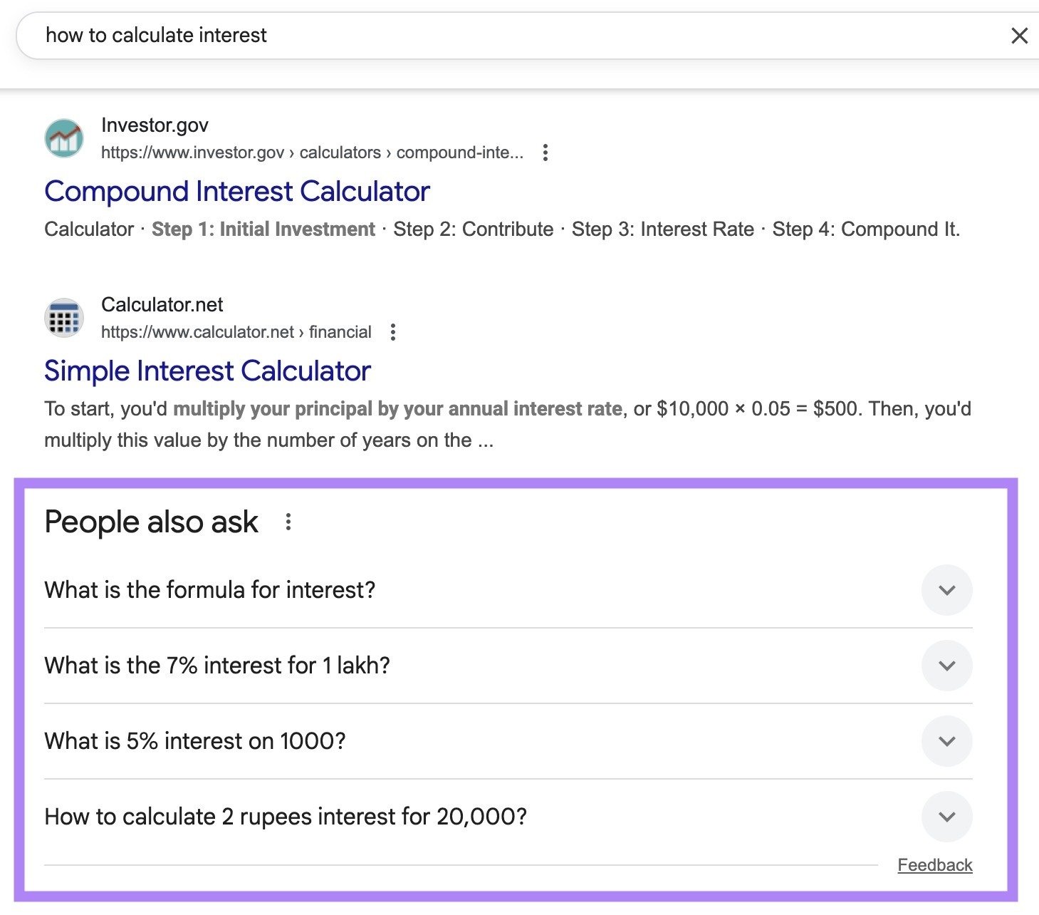 SERP for the term "how to calculate interest" with the People also ask section highlighted.