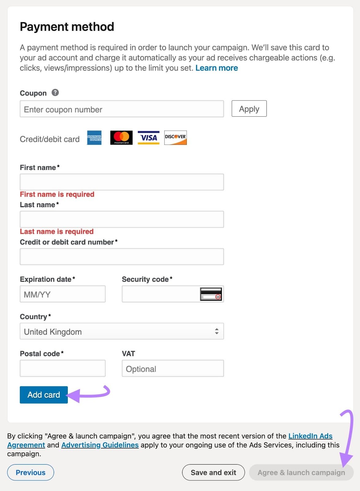 Payment screen with coupon option and card details options