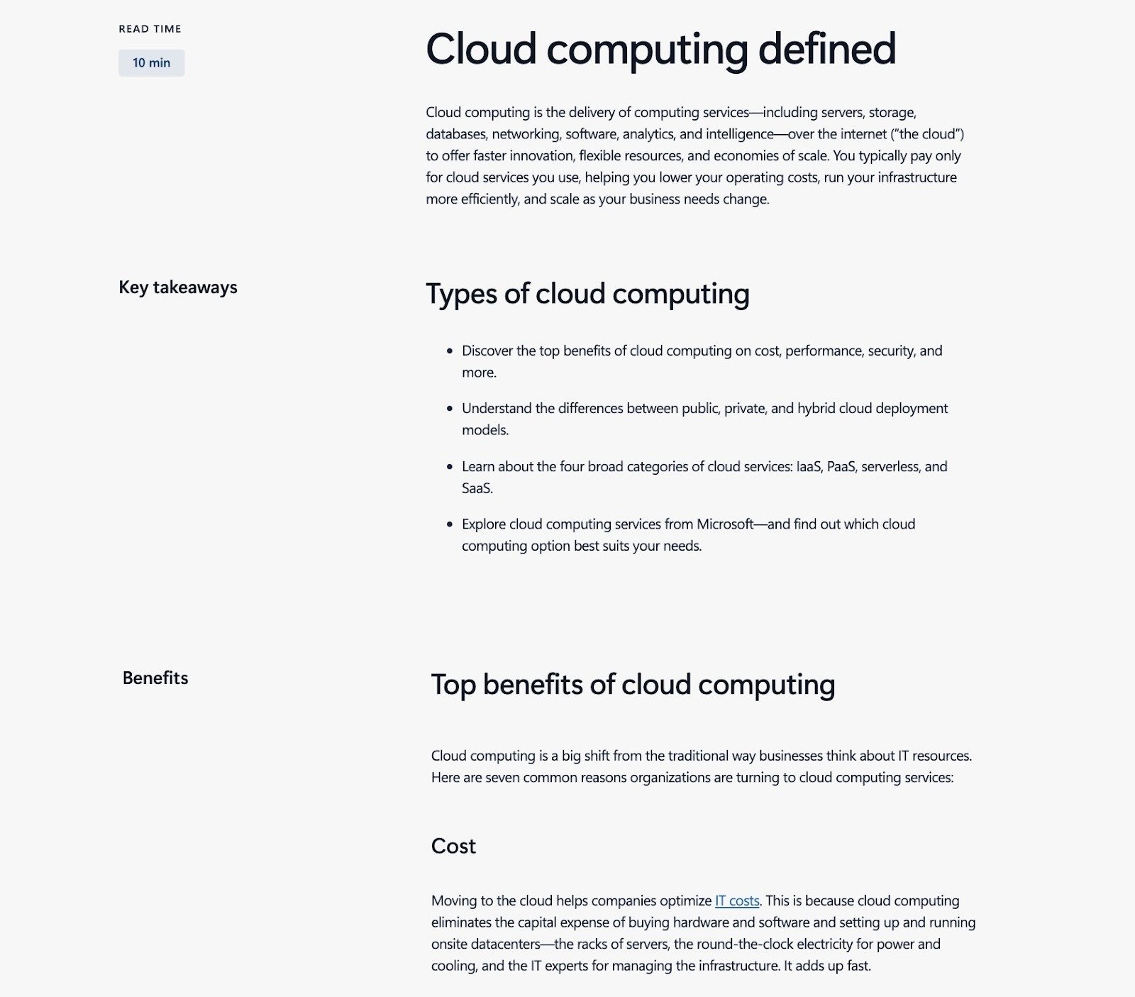 Concise and comprehensive sections on the types of cloud computing, top benefits, etc. on a pillar page by Microsoft.