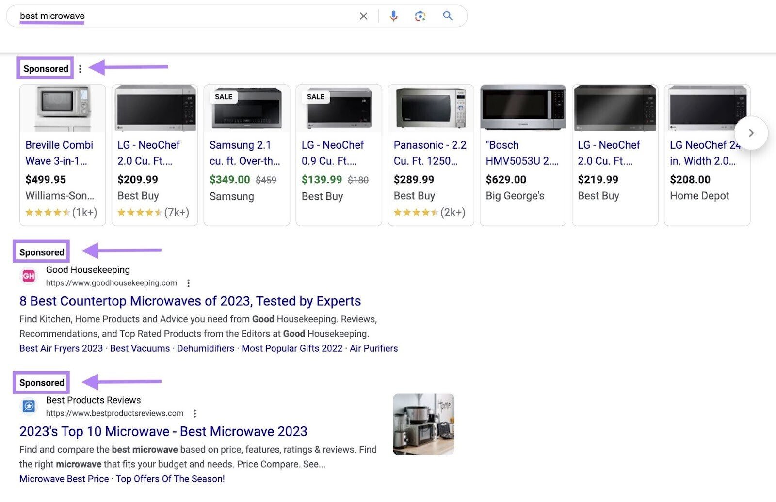 Google SERP for “best microwave” is populated by PPC ads
