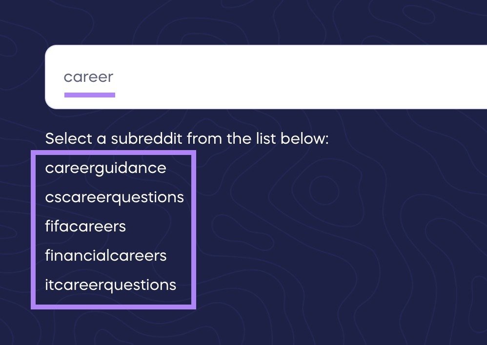 Reddit Keyword Research Tool with "career" entered as the term along with the list of subreddits that appear highlighted.