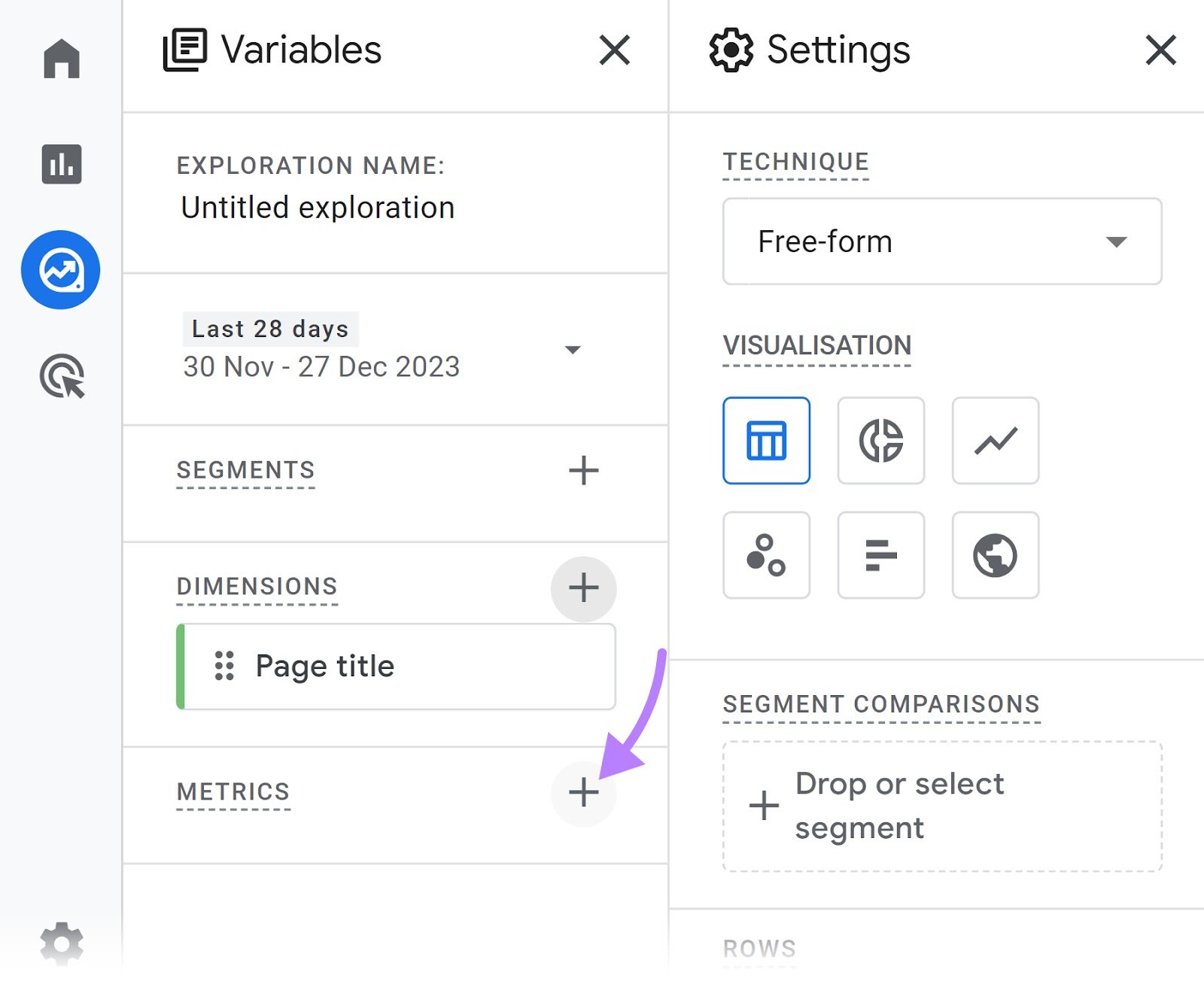 “+” icon highlighted next to “METRICS”