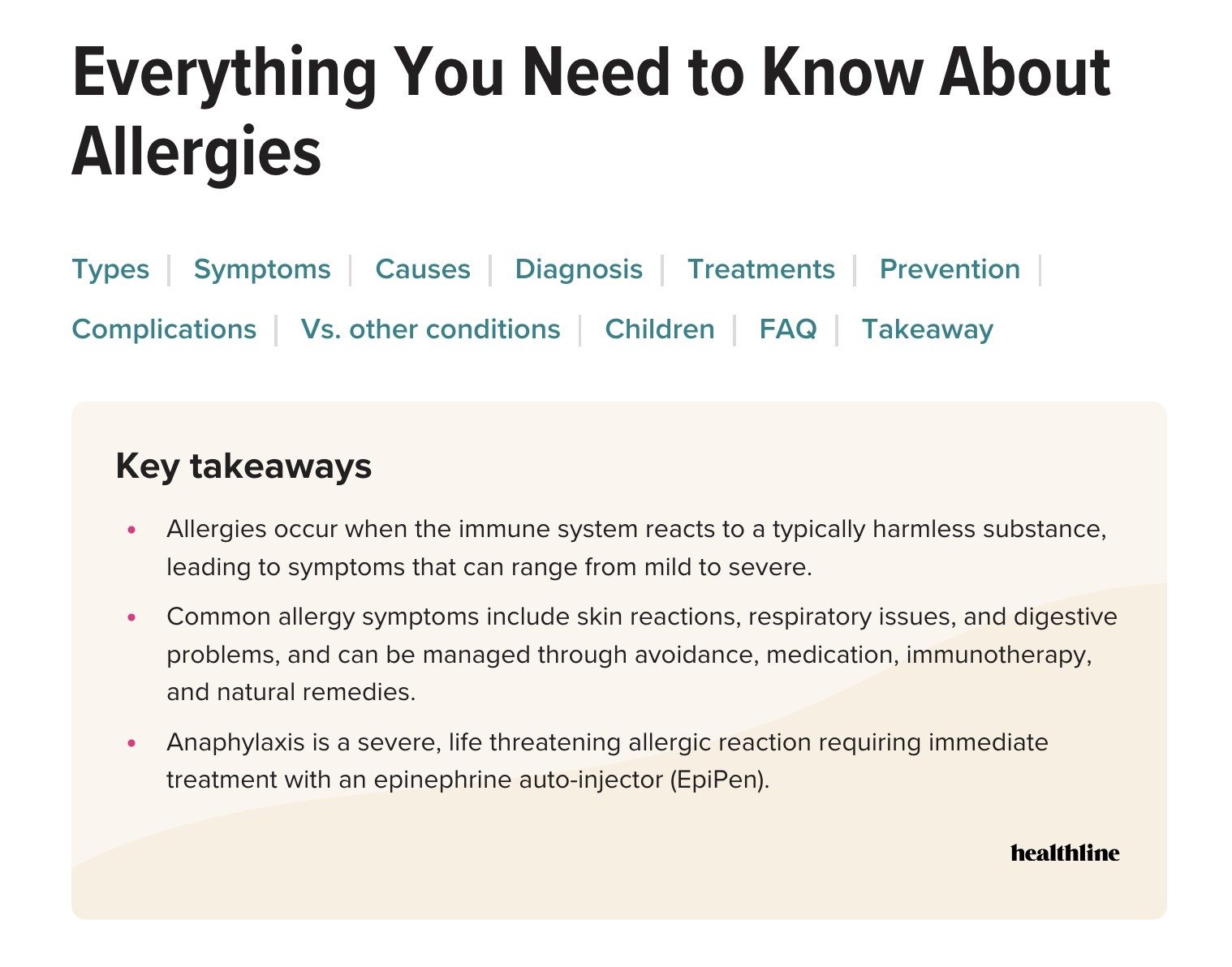 A list of links to each section and a key takeaways box at the top of a pillar page by Healthline.