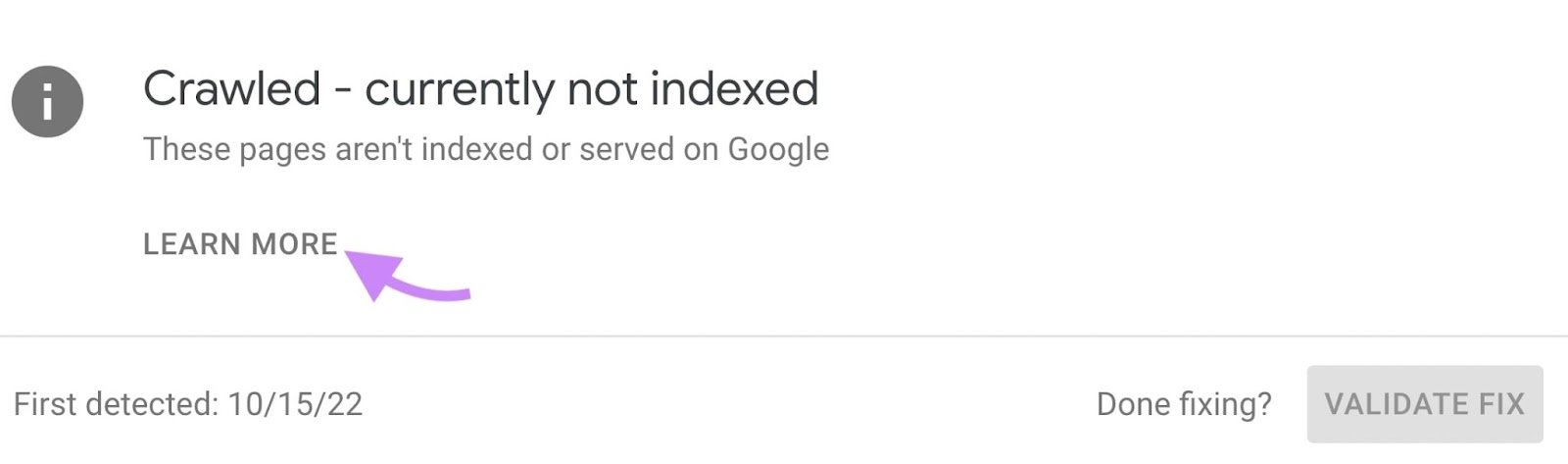 “Crawled - currently not indexed” message with "Learn More" button highlighted under
