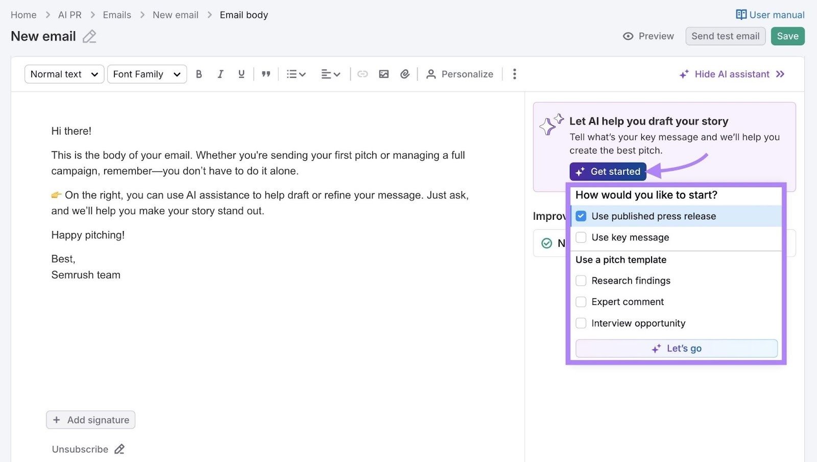 The email editor on the AI PR Toolkit with "Get started" clicked showing a list of template options in the dropdown.