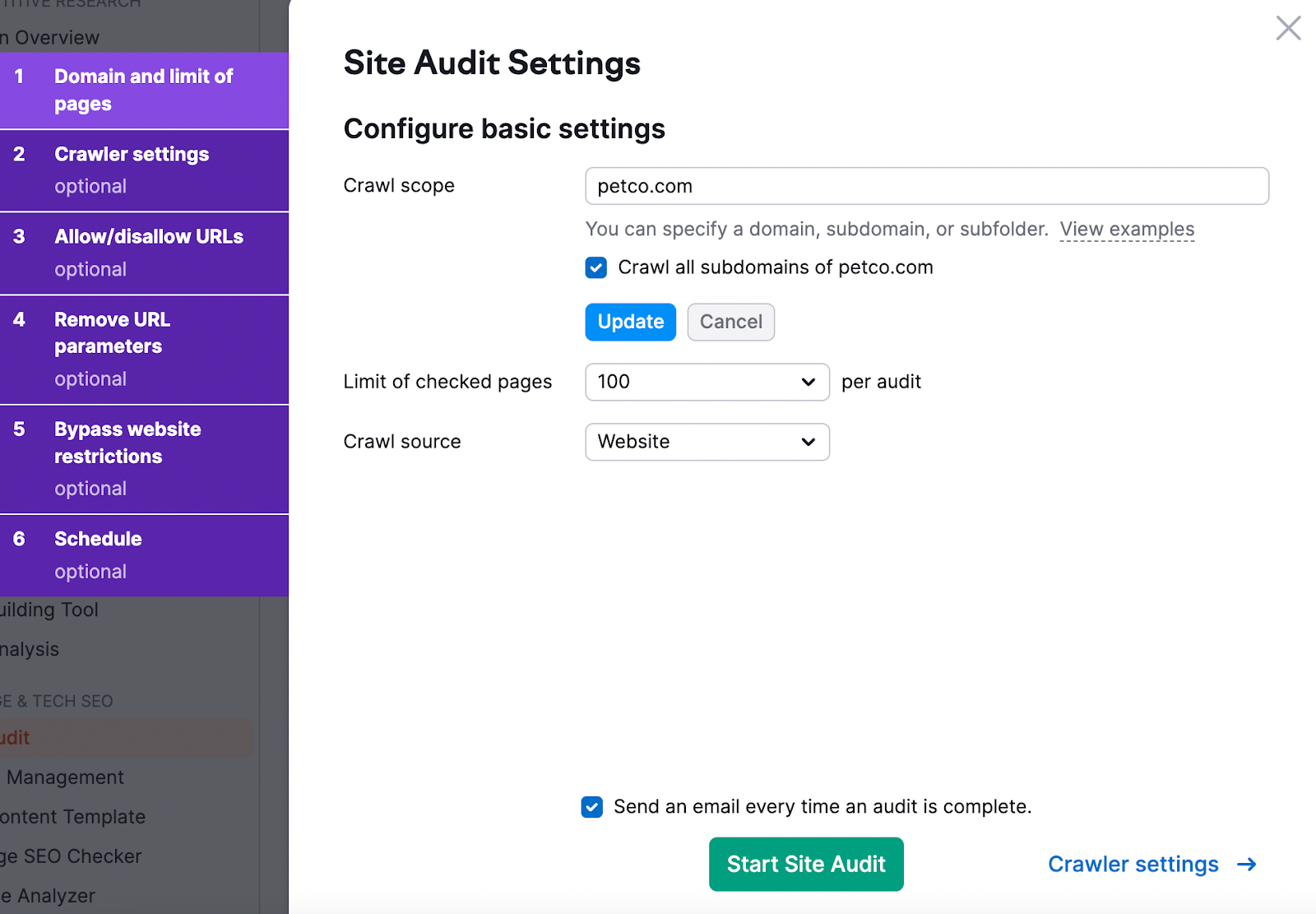 Setting crawl settings to the entire domain "petco.com"