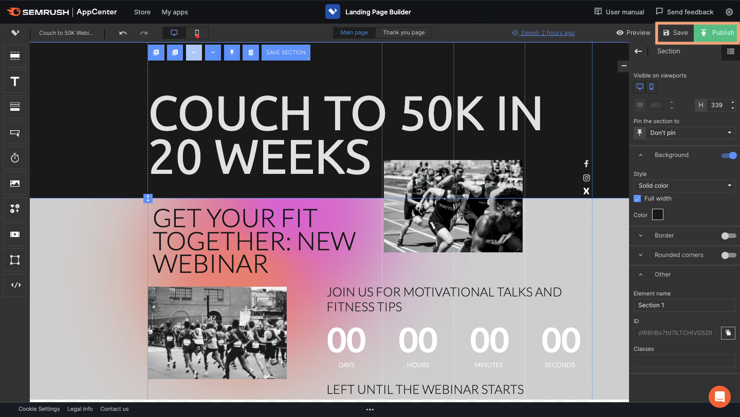 A variant of a landing page open in the dashboard with the save and publish buttons indicated.