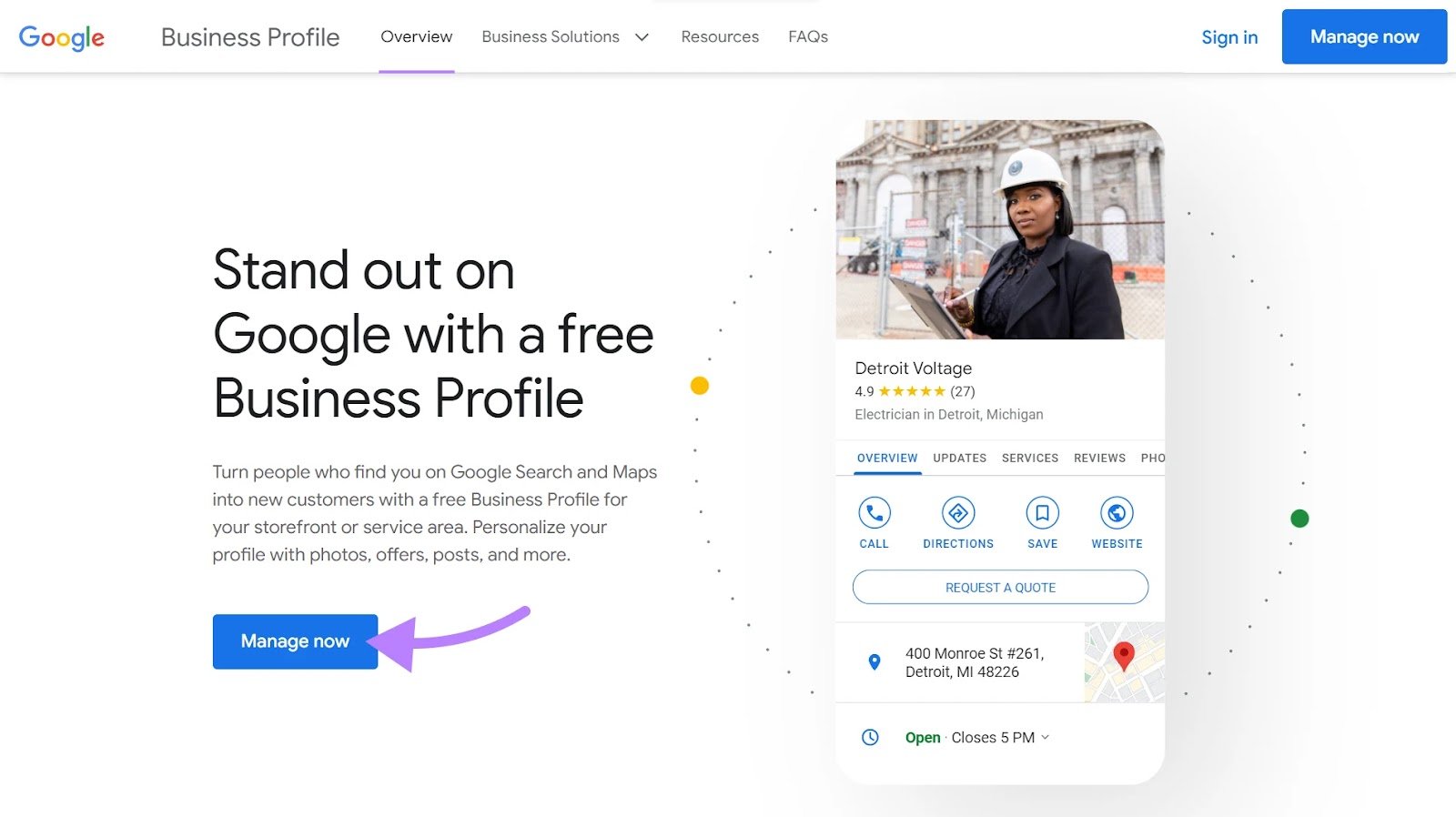 "Manage now" button on Google Business Profile page