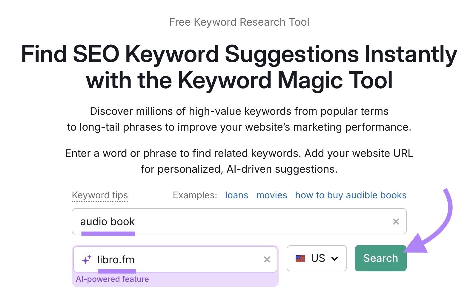 Keyword Magic Tool start with "audio book" entered as the term, "libro.fm" as the domain, and "Search" clicked.