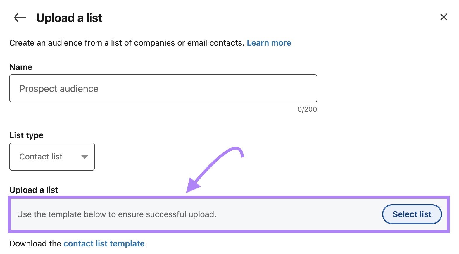 Field to upload a custom audience for remarketing highlighted on LinkedIn Campaign Manager.