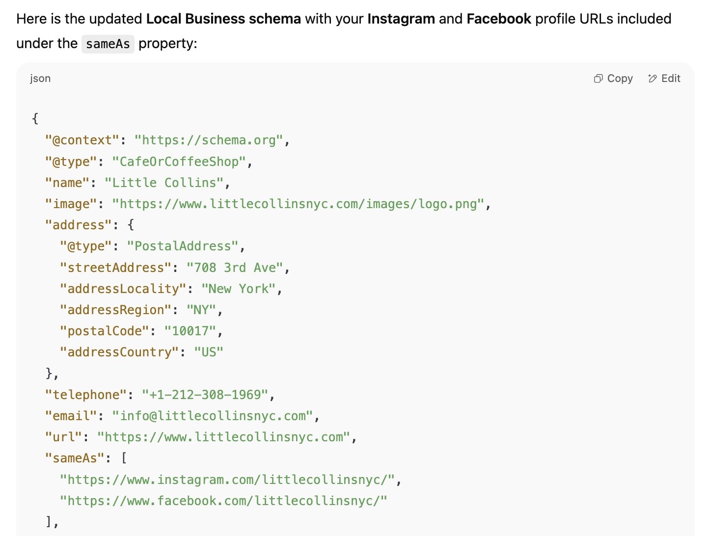 Updating local business schema with social profile URLs on ChatGPT.