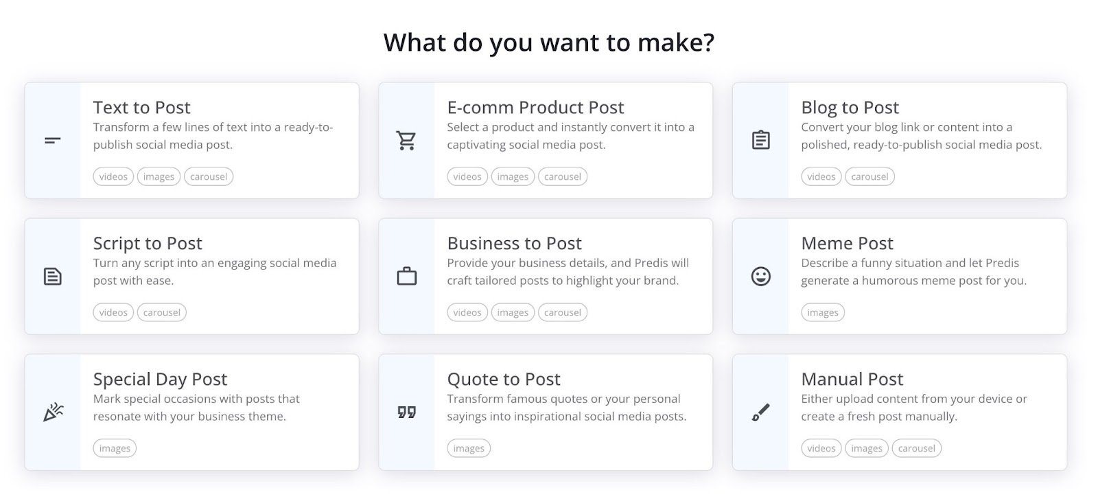 Post-type options on "AI Social Content Generator" include text, product, meme, manual, special day etc.