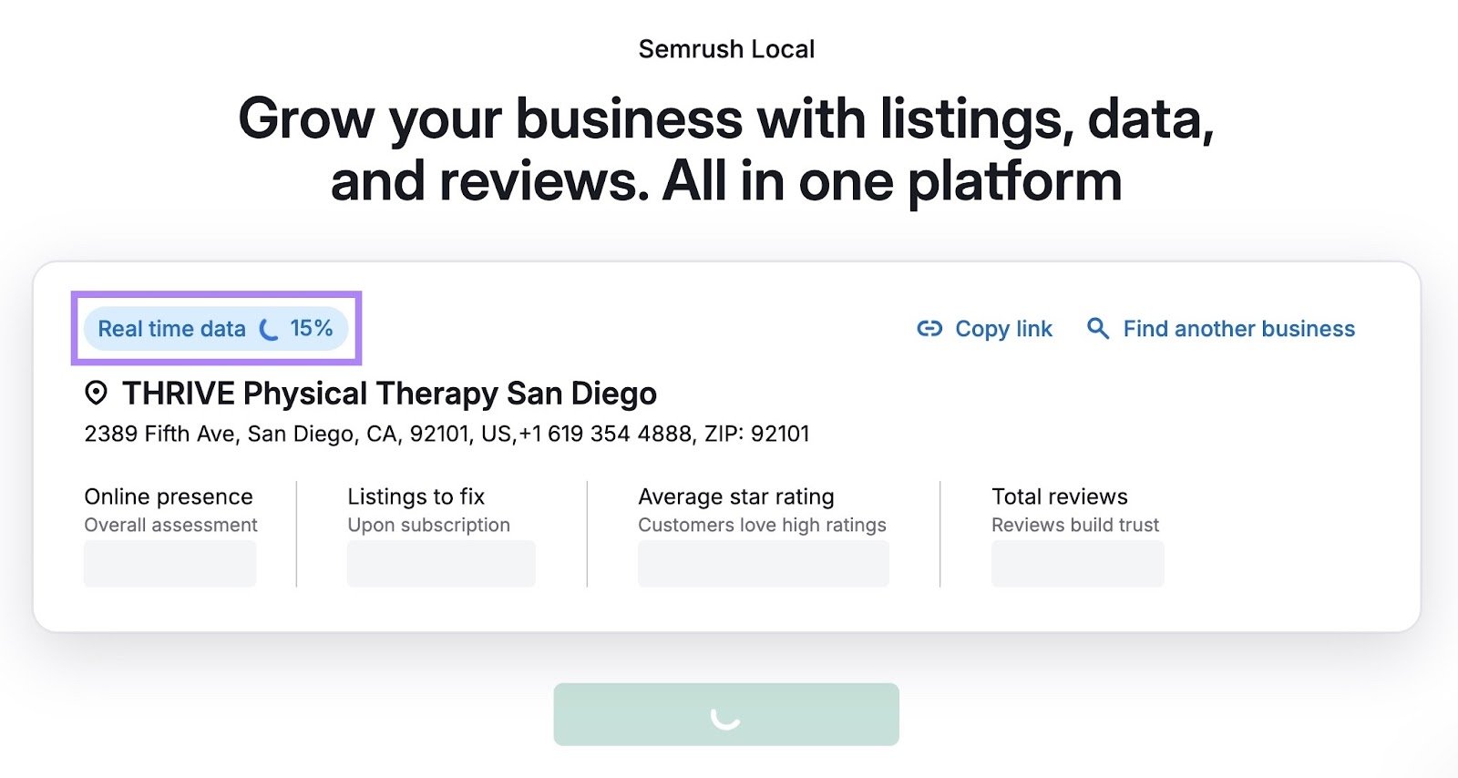 Semrush local scanning the web for existing local listings tied to a business.