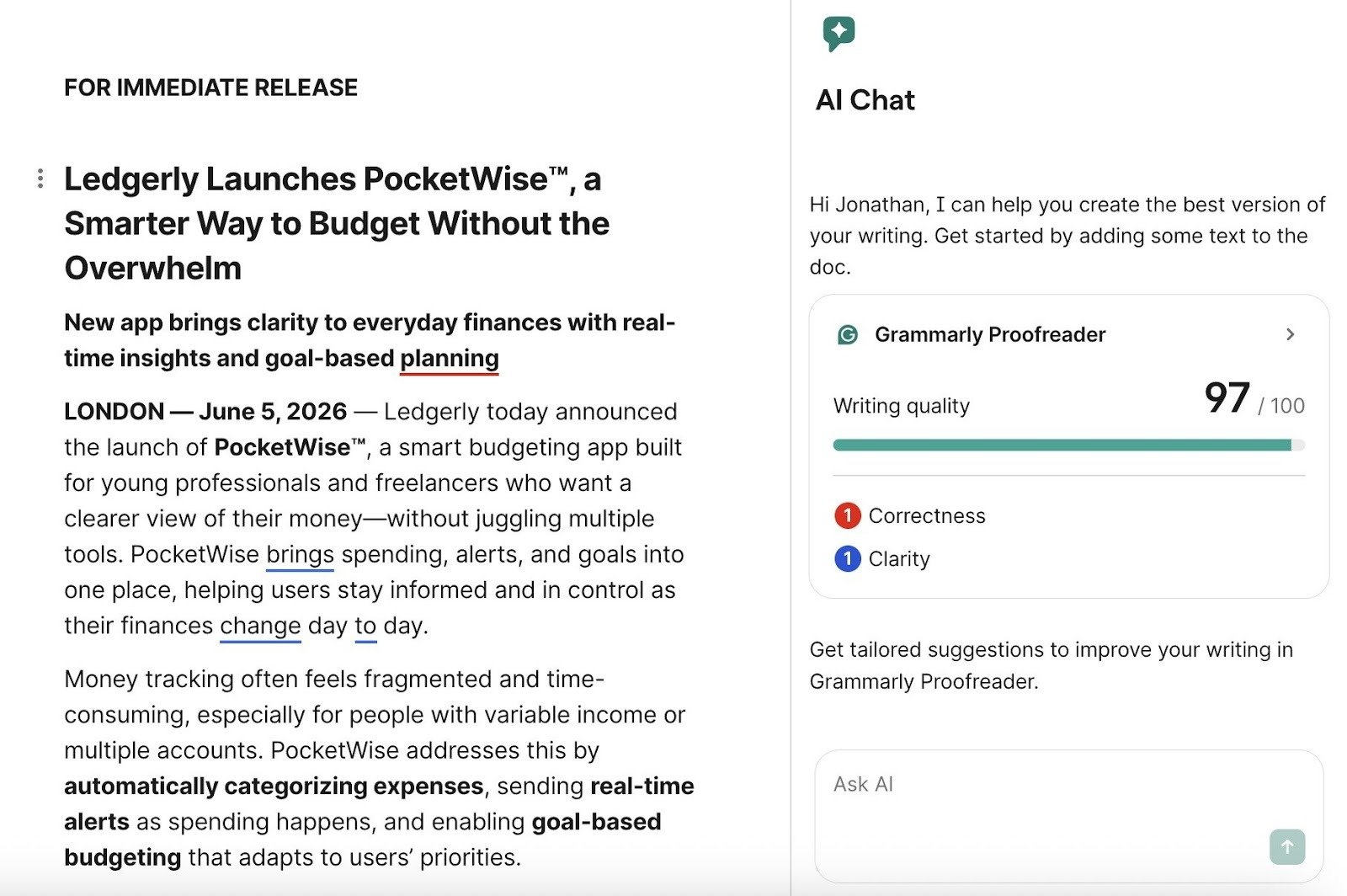 Grammarly dashboard with a press release draft on the left and an AI Chat showing a writing quality score on the right.