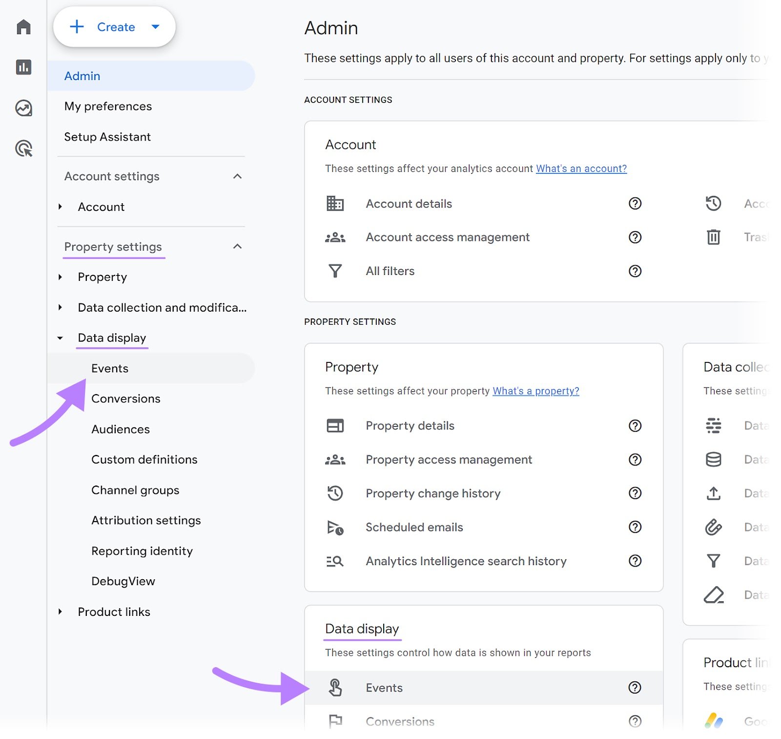 Navigating to "Events" > "Data display" in Google Analytics admin menu