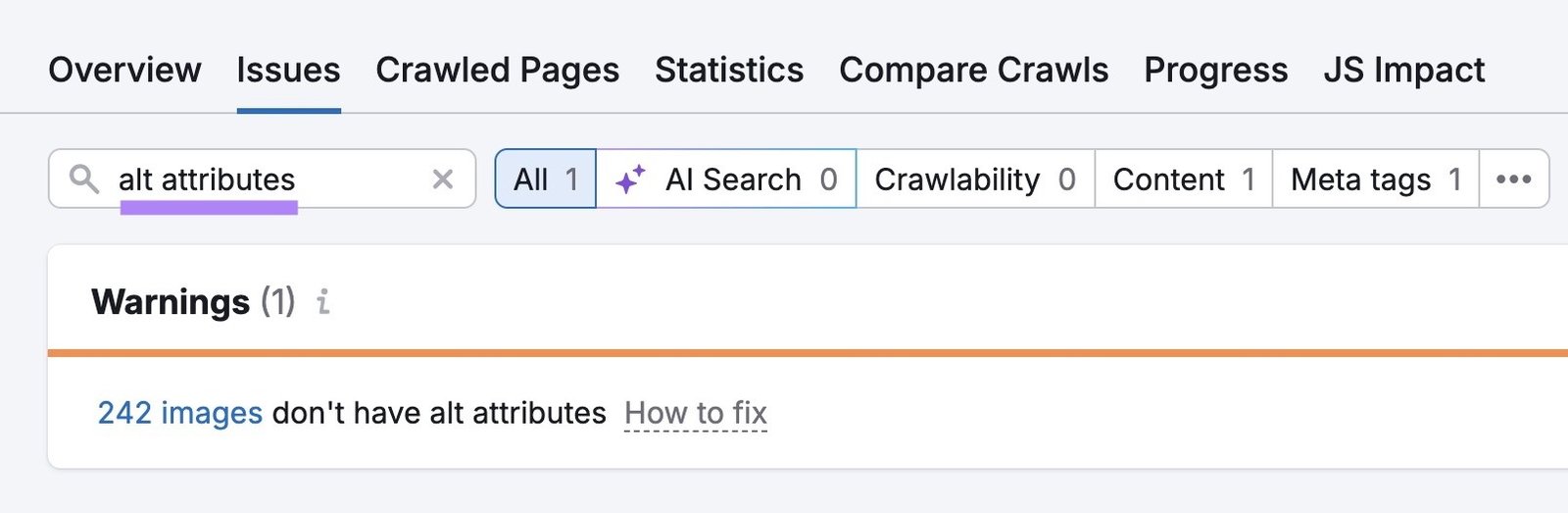 The "Issues" tab on Site Audit with "alt attributes" entered showing a list of related warnings.