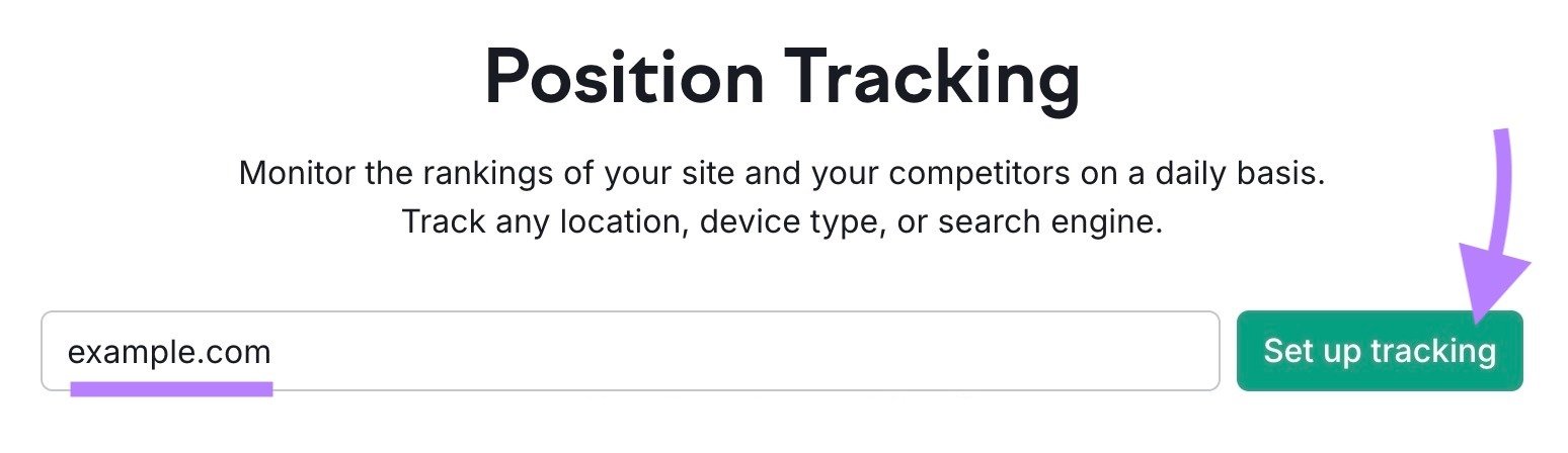 Position Tracking tool start with a domain entered and "Set up tracking" clicked.
