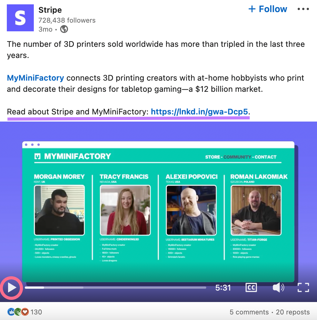 Stripe's LinkedIn post about MyMiniFactory customer story