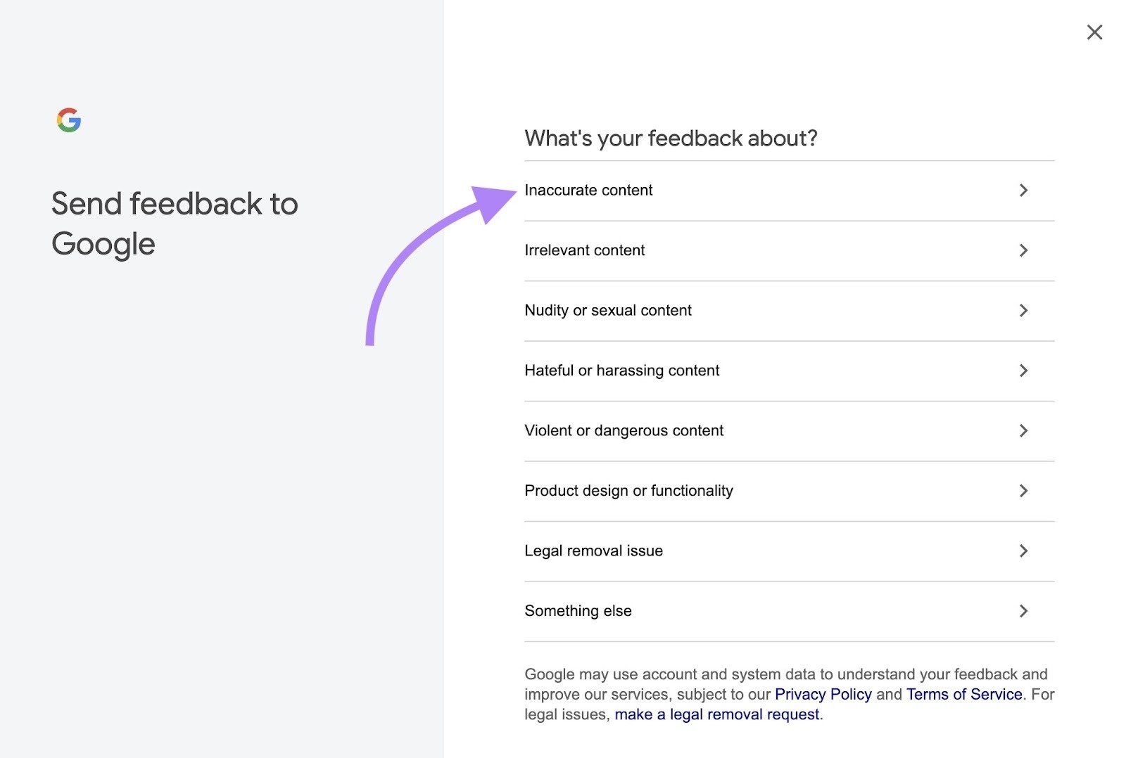 The "Send feedback to Google" window with "Inaccurate content" clicked from the list.