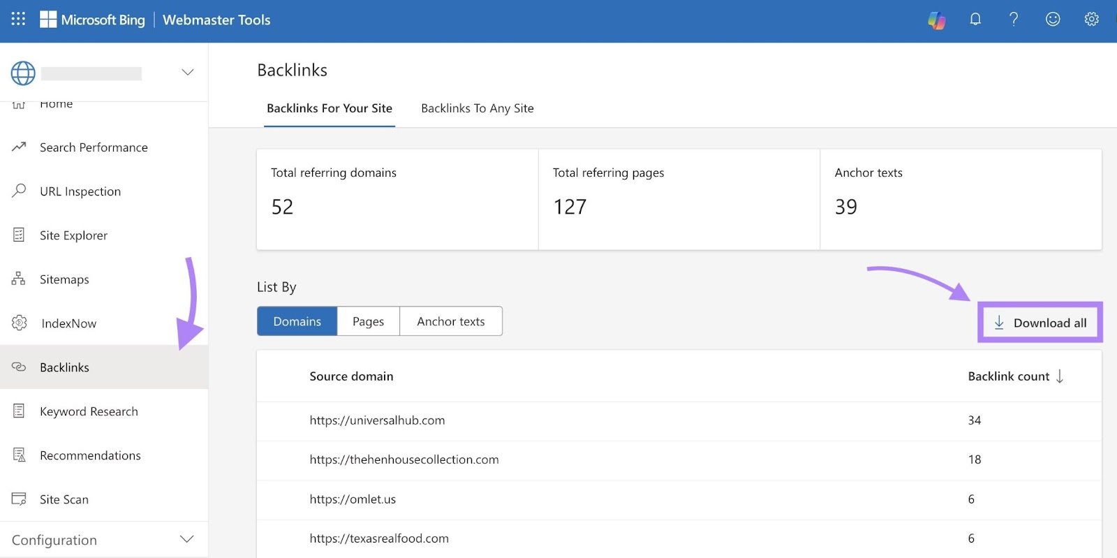 "Backlinks" report on Bing Webmaster Tools with the "Download all" button highlighted.
