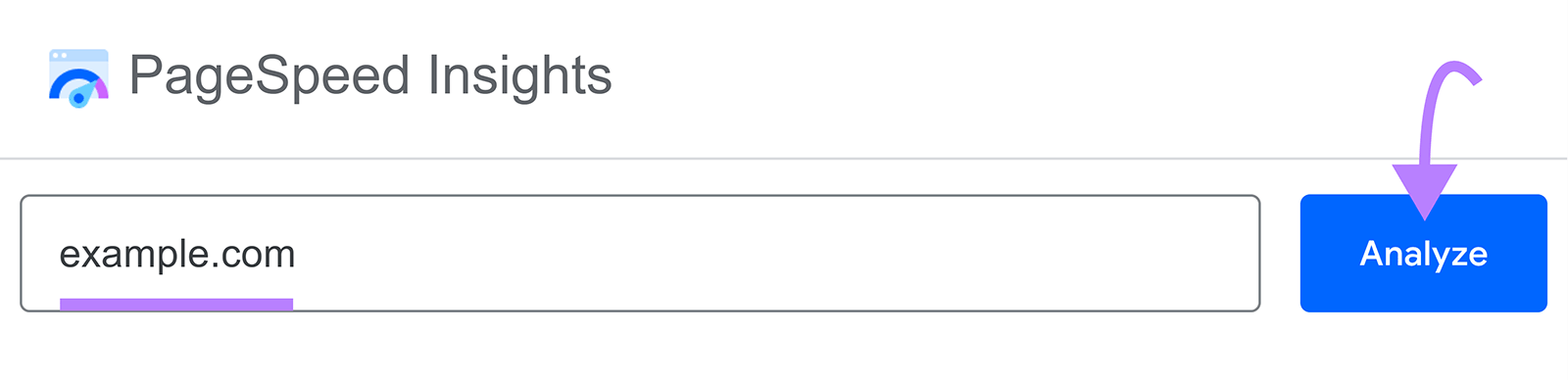 Arrow pointing to "Analyze" button in PageSpeed Insights after entering URL.
