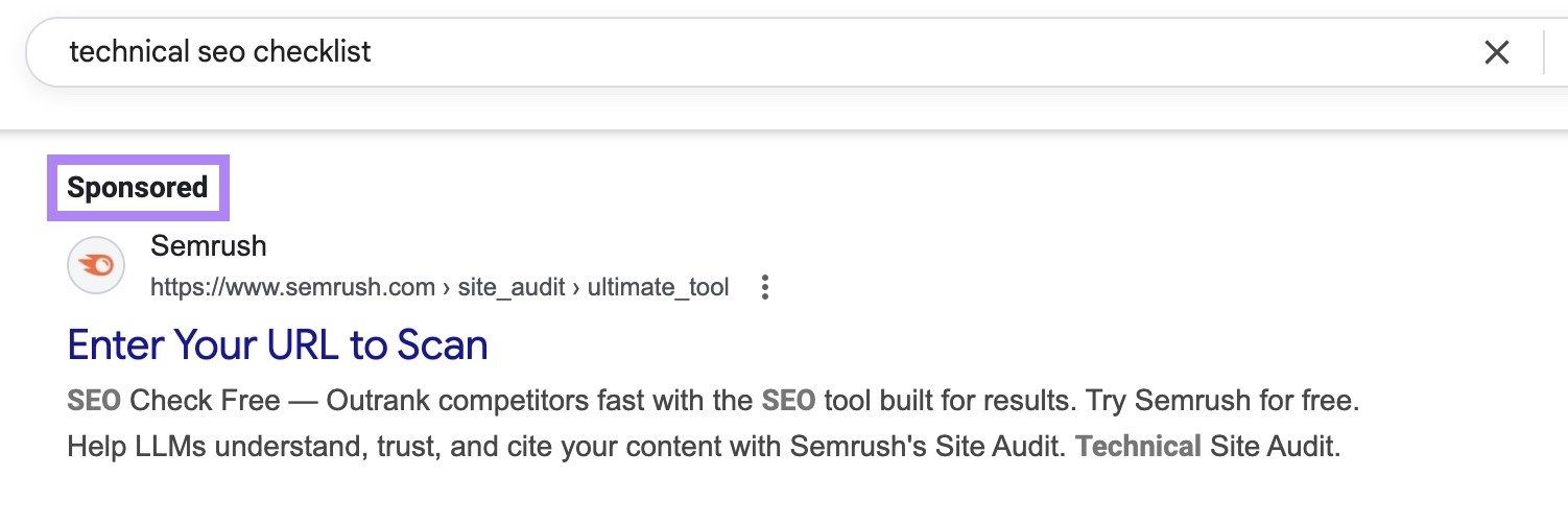SERP for the term "technical seo" showing a paid result at the top with the "Sponsored" tag highlighted.