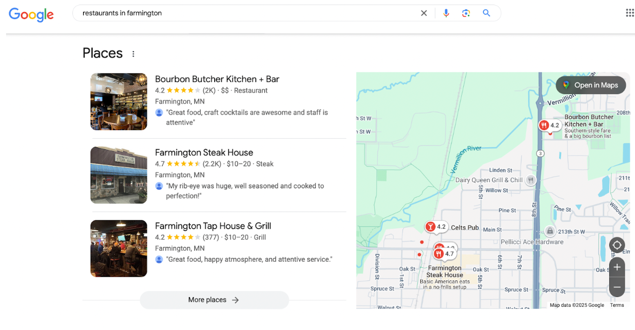 Local pack showing three businesses for the query “restaurants in farmington.”
