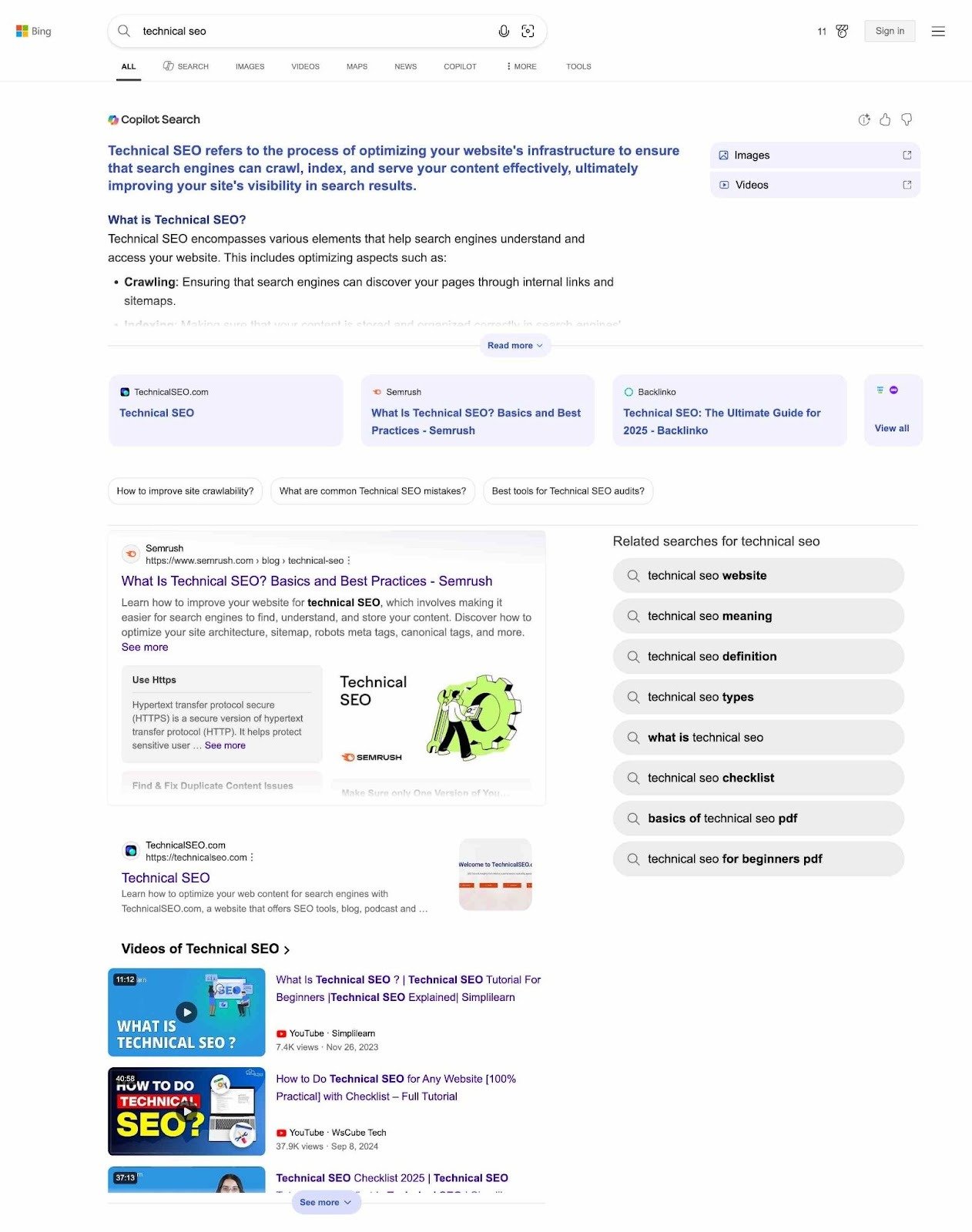 Bing SERP for the term "technical seo" showing a Copilot Search card followed by a visually rich interface with articles, images, videos, etc.