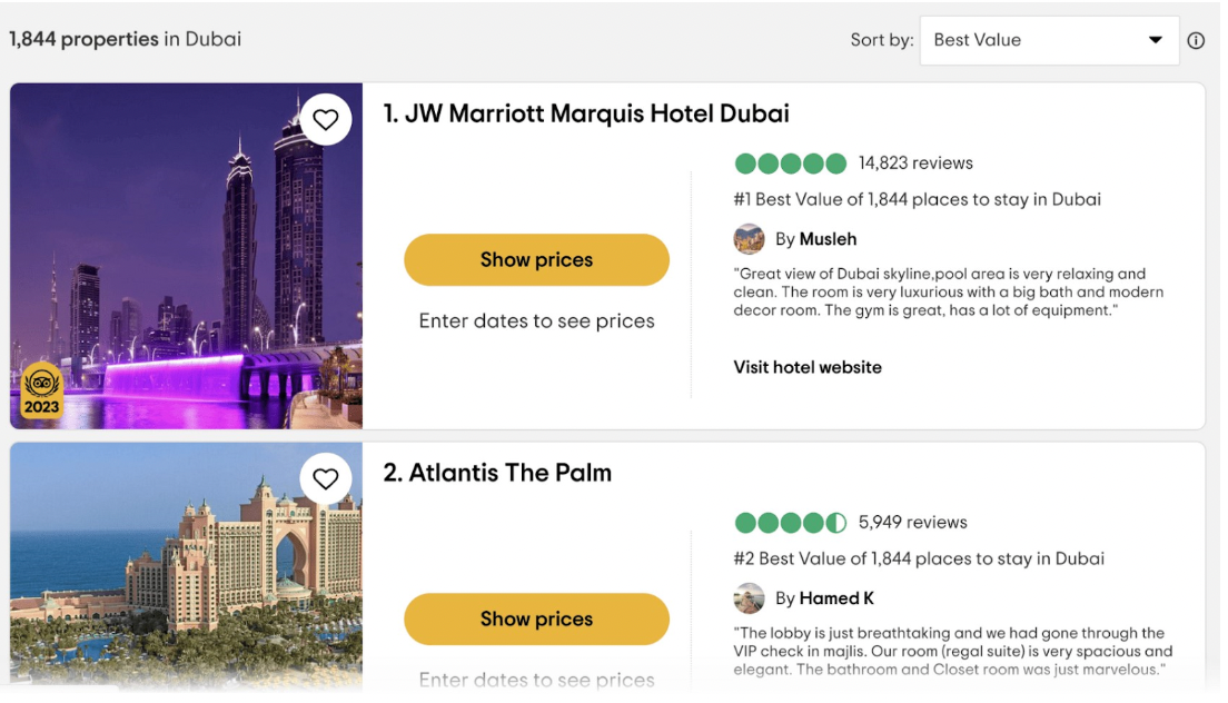 Sample listings on Tripadvisor.