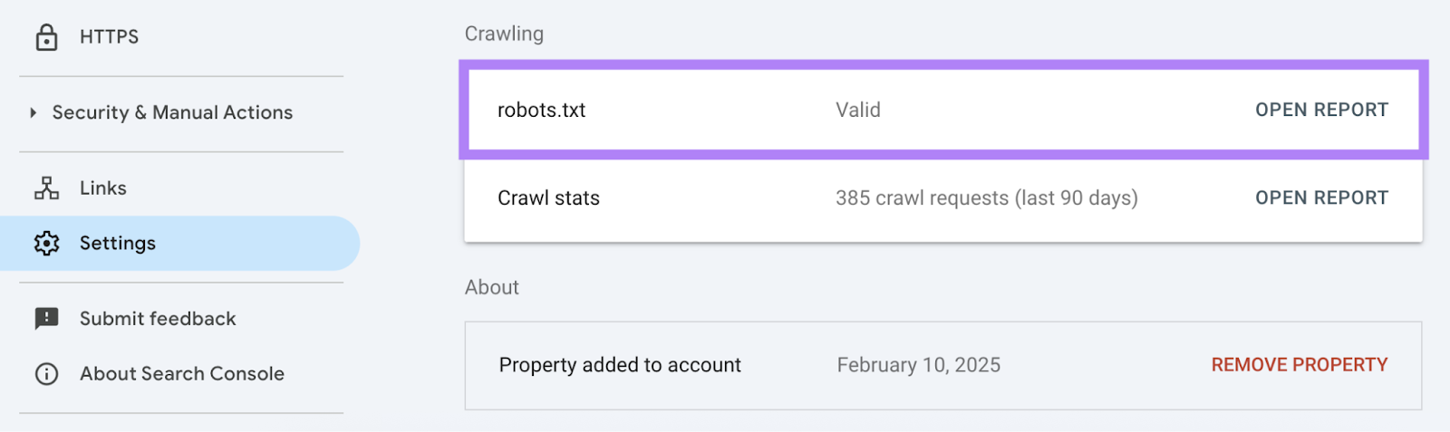 Option shown in Google Search Console.