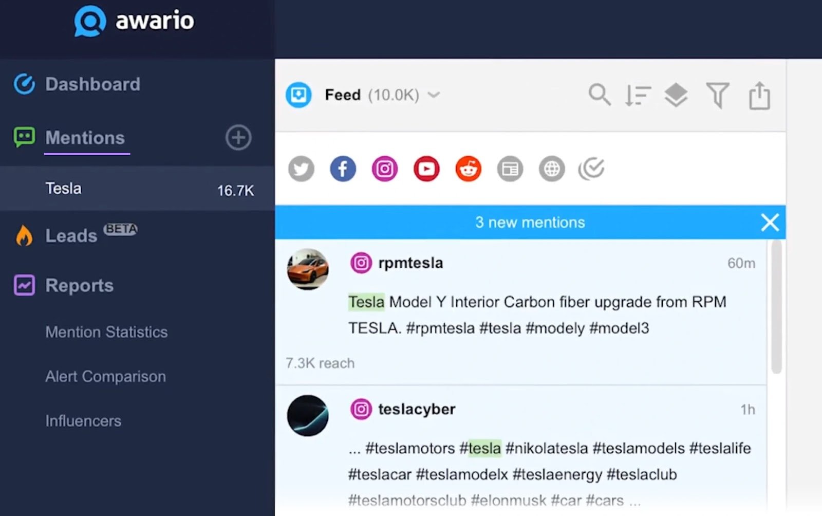 Awario's feed showing Tesla's mentions