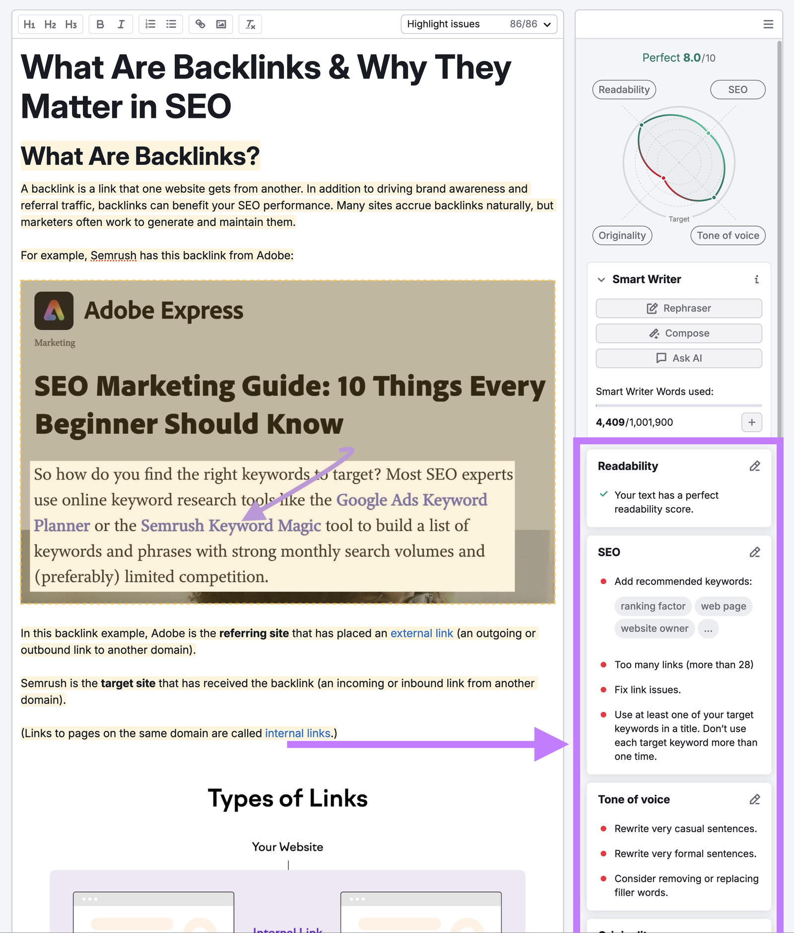 recommendations in SEO Writing Assistant to improve readability, SEO, and tone of voice