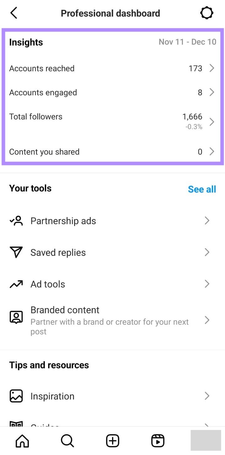 Instagram's professional dashboard "insights"