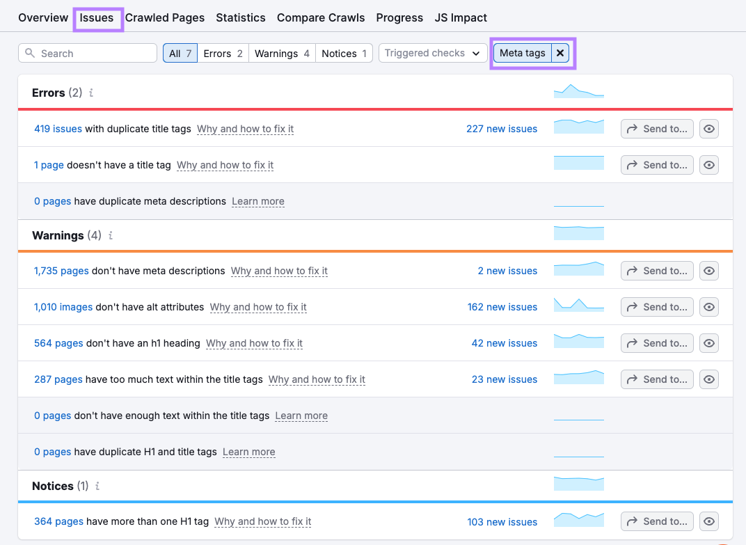 Checking for Metatags in the Semrush Site Audit Issues report