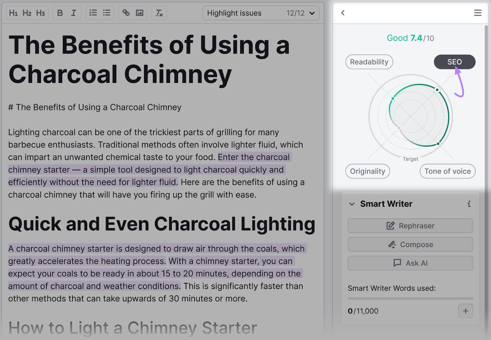 A dual-pane interface showing an article on the left and its content quality analysis with SEO ratings on the right.