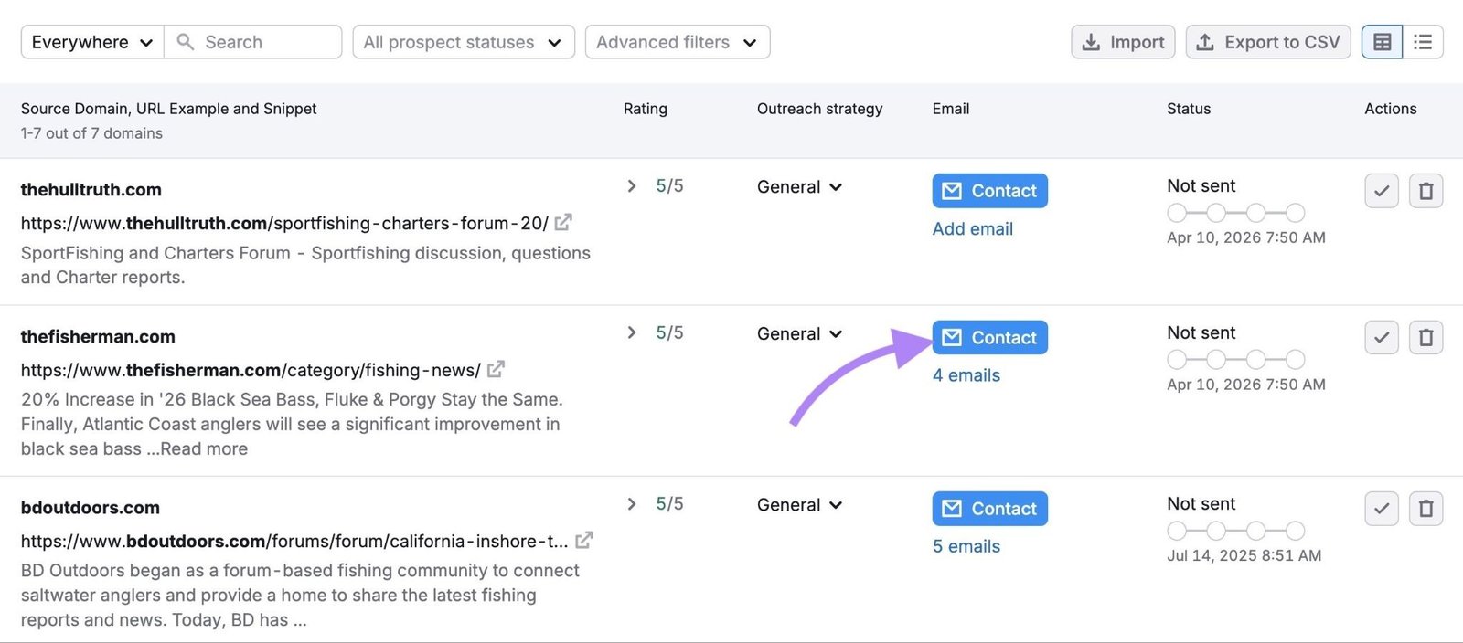 The "In Progress" tab of the Link Building tool with "Contact" next to a prospect clicked.