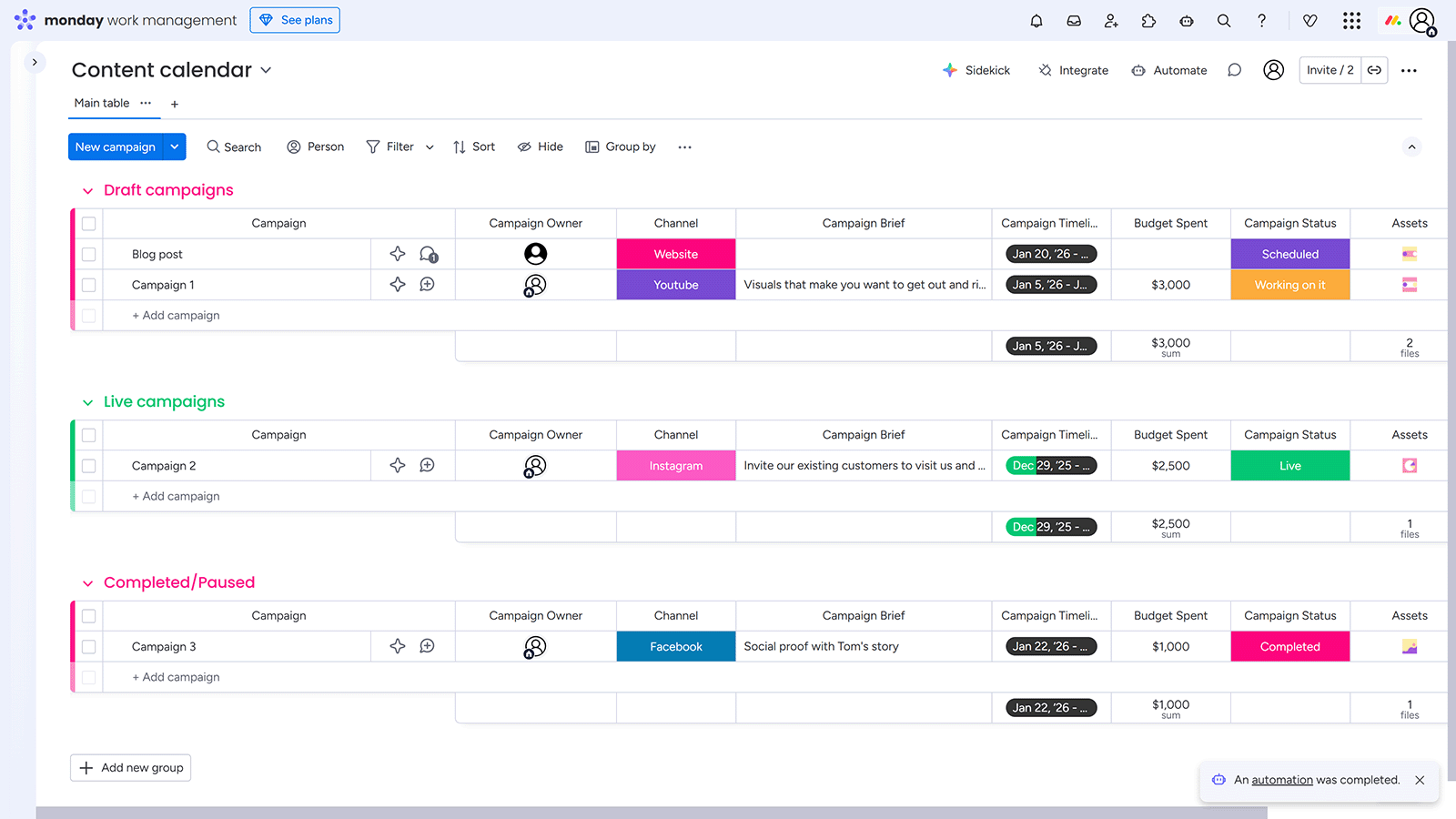 Monday.com content calendar showing draft, live, and completed campaigns with owners, channels, and timelines.