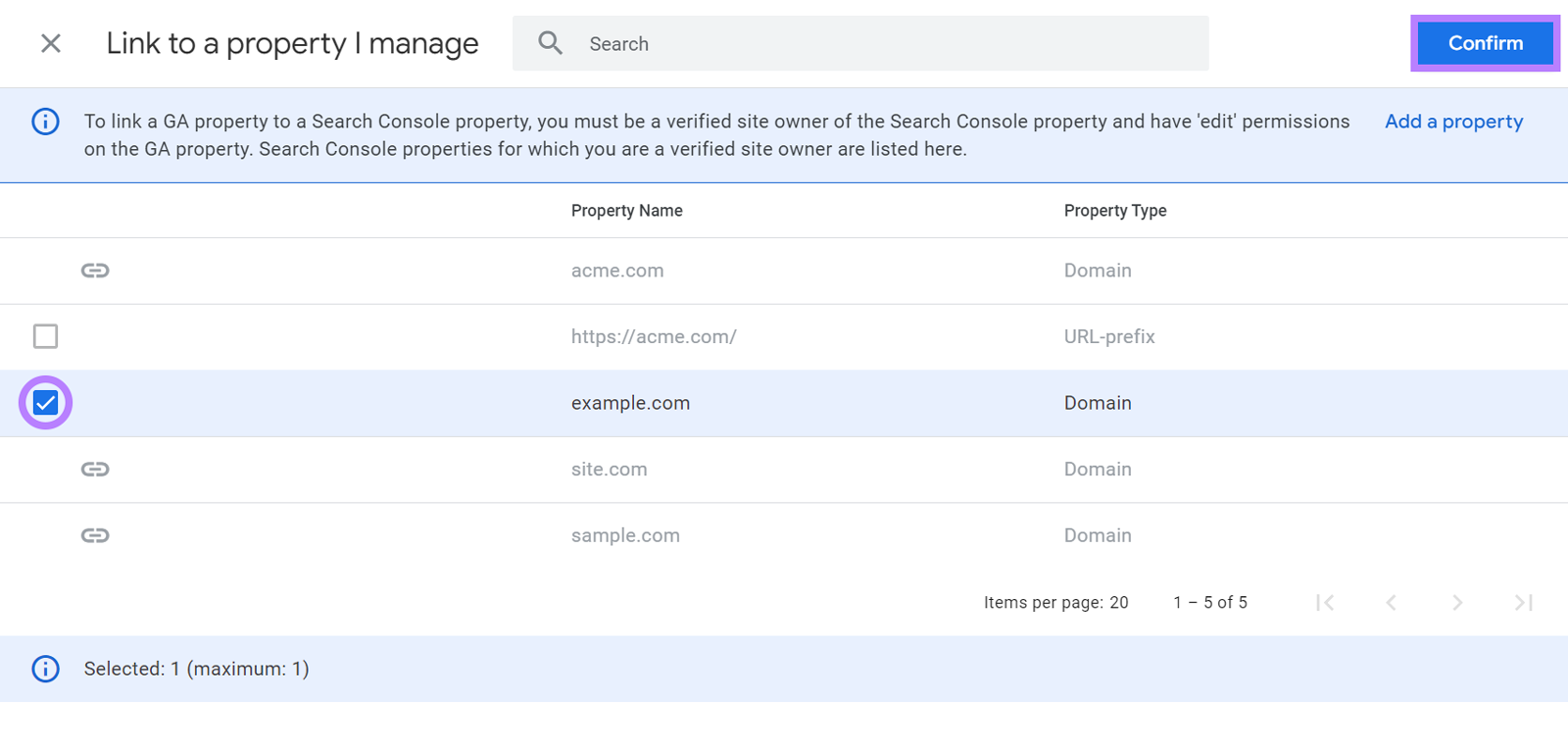 Property selected and Confirm button highlighted.