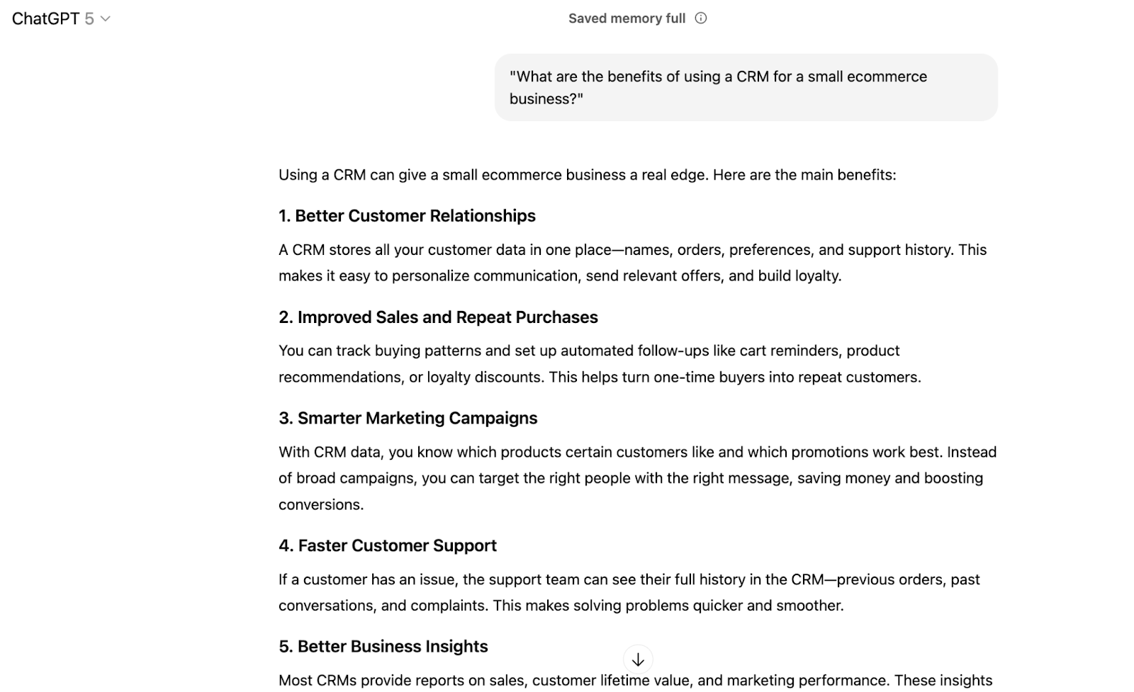 ChatGPT interface with a response to the prompt "What are the benefits of using a CRM for a small ecommerce business?”.