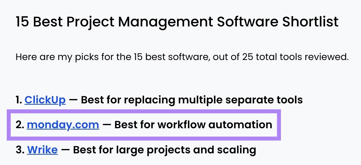"monday.com" being cited as the best project management tool for workflow automation on a blog post.