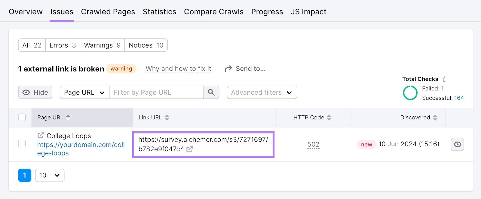 "1 external link is broken" page of the Site Audit tool with the "Link URL" column highlighted