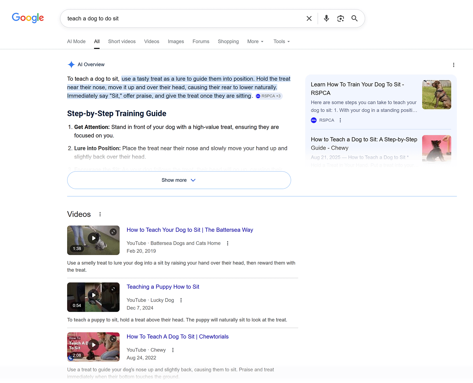 Google search results for “teach a dog to do sit” with AI Overview and video results.