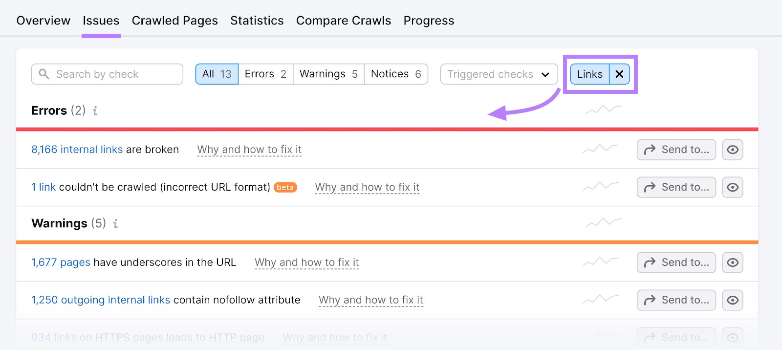 site’s links errors, warnings, and notices