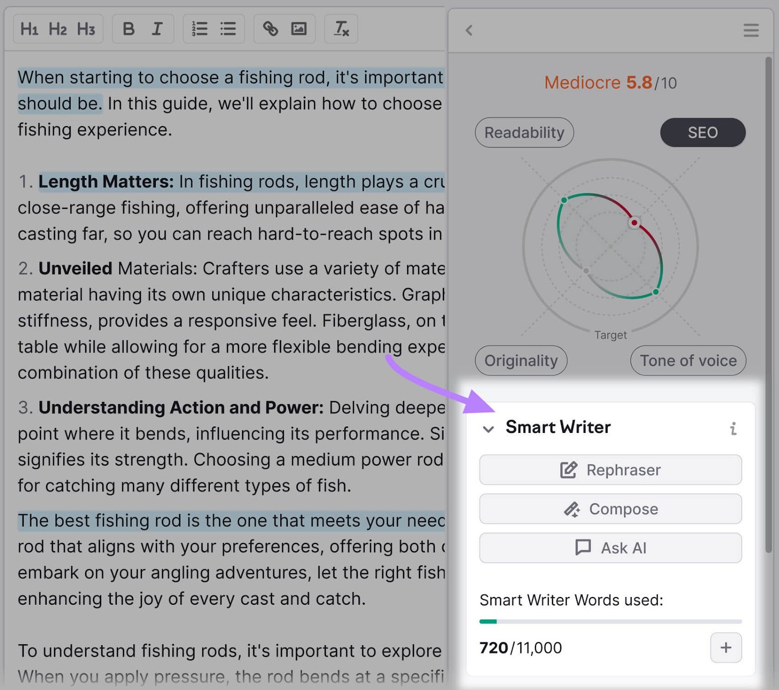 "Smart Writer" feature highlighted in SEO Writing Assistant editor