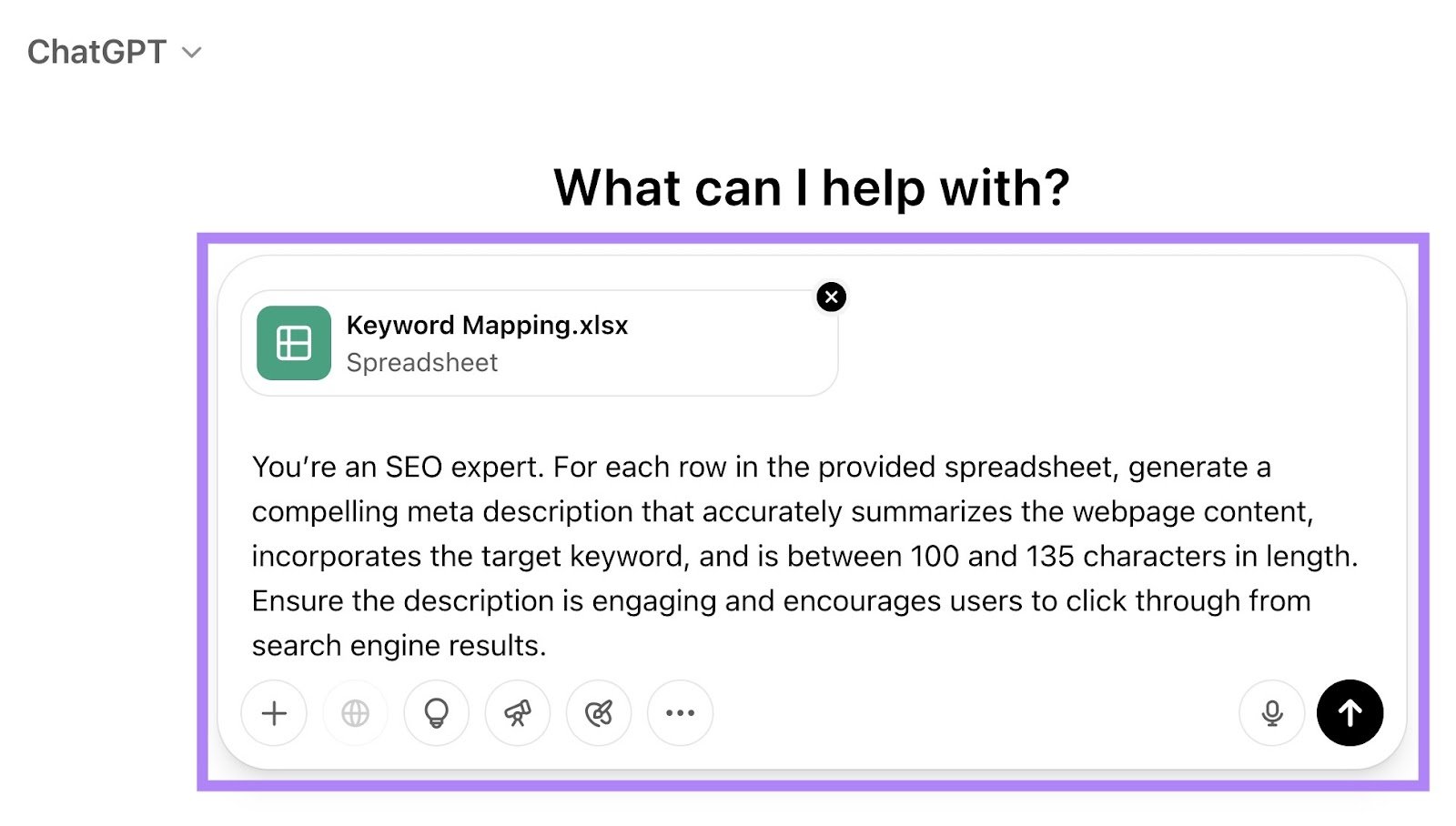 ChatGPT with a prompt entered and a spreadsheet attached to generate meta descriptions in bulk.