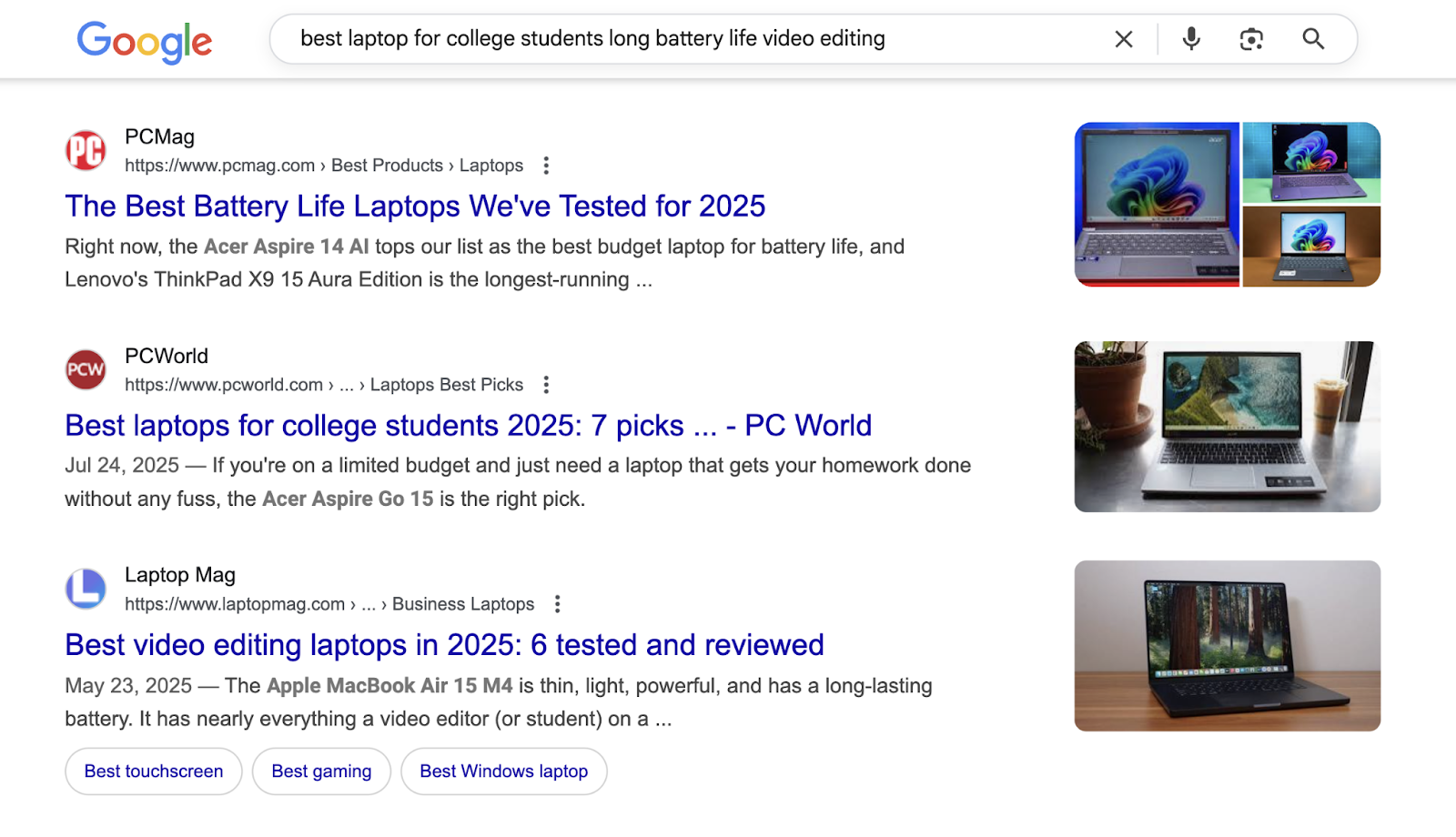 A similar query yields listicle articles that don't fully cover the searcher's criteria.